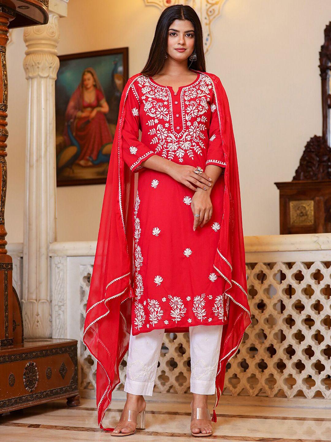 kaajh floral embroidered chikankari pure cotton kurta with trousers & with dupatta