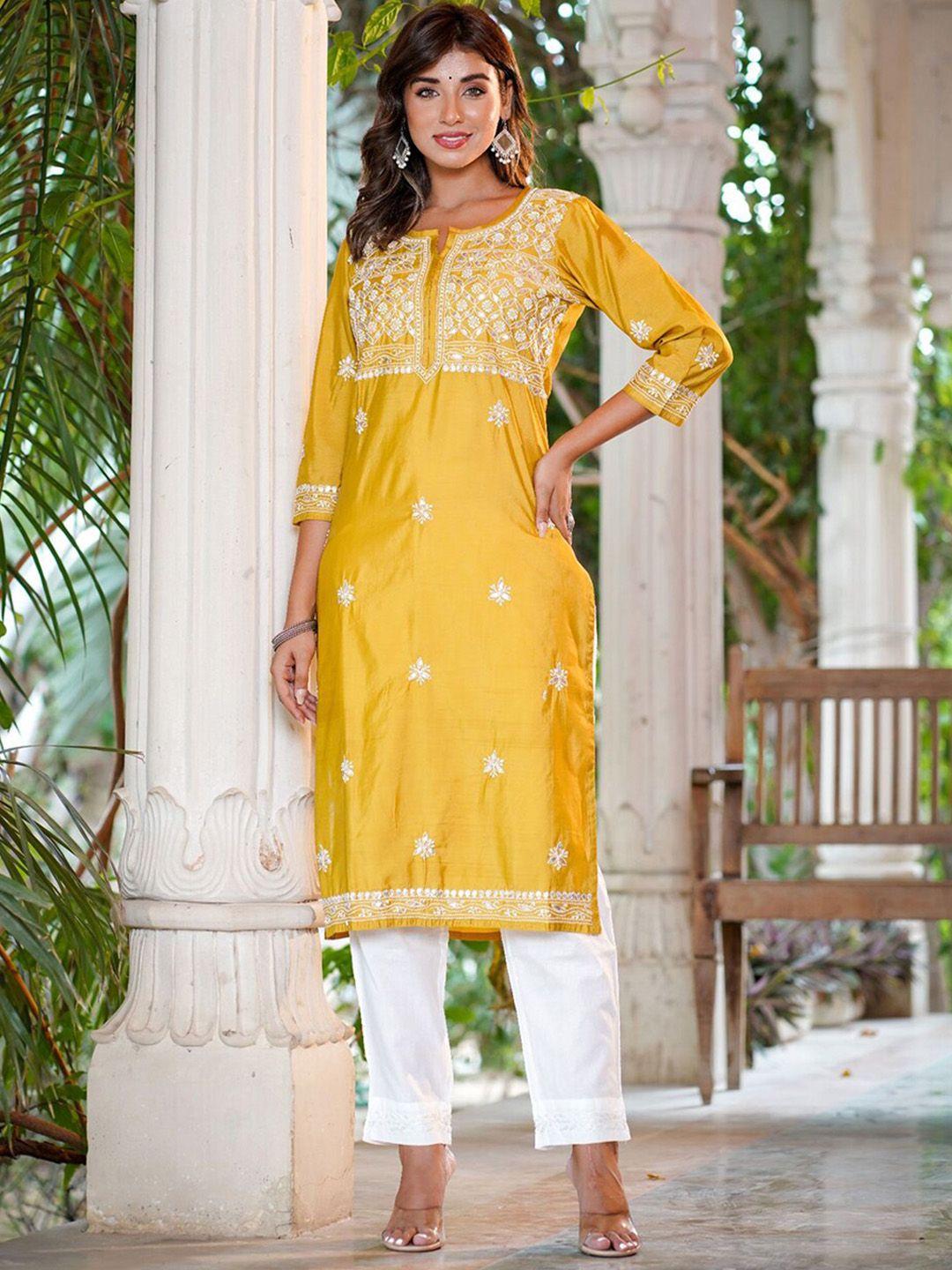 kaajh floral embroidered chikankari pure silk kurta with trousers