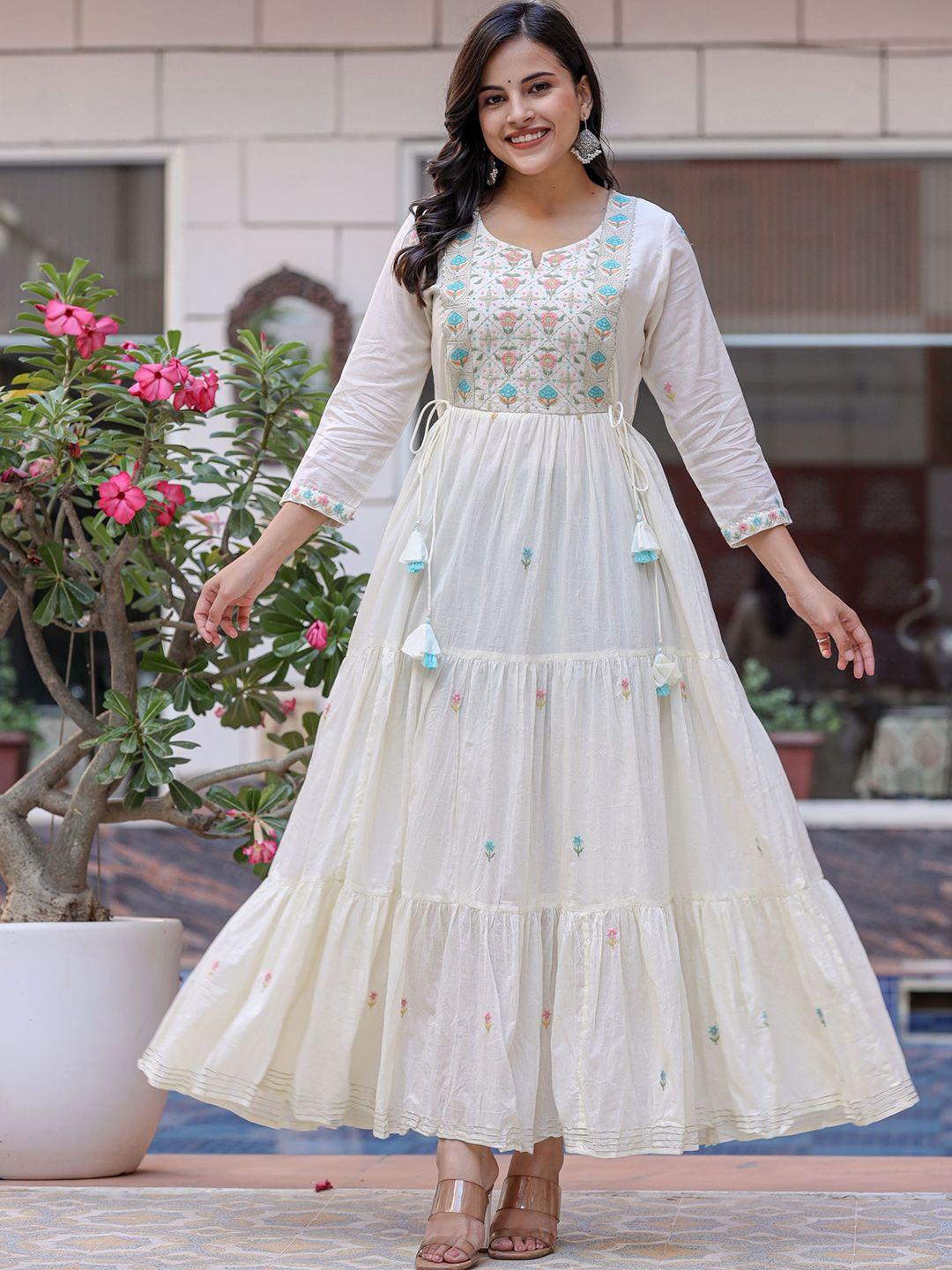 kaajh floral embroidered notched neck tiered cotton ethnic dress