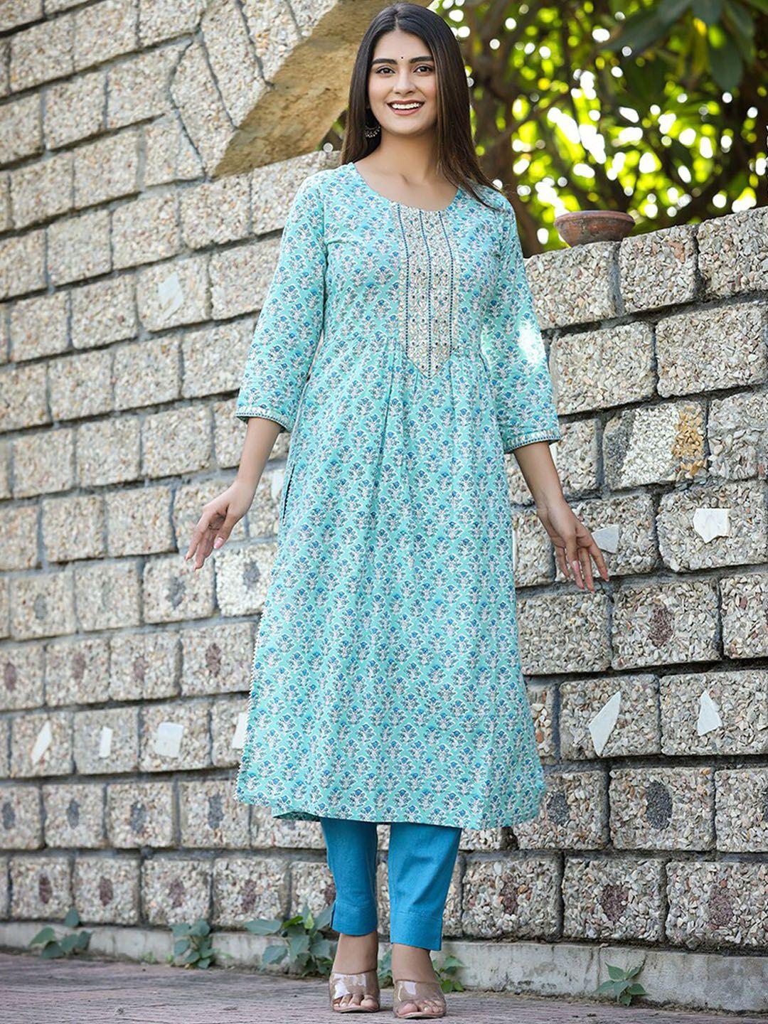 kaajh floral printed mirror work a-line pure cotton kurta with trousers