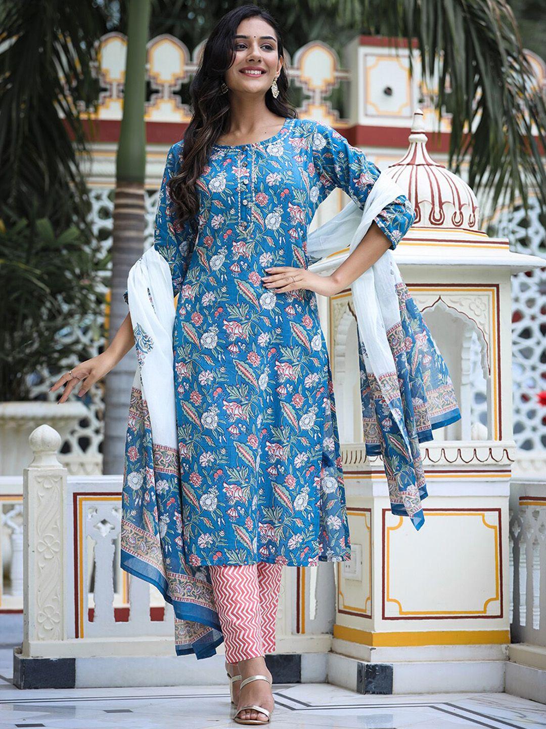 kaajh floral printed mirror work pure cotton kurta with trousers & with dupatta