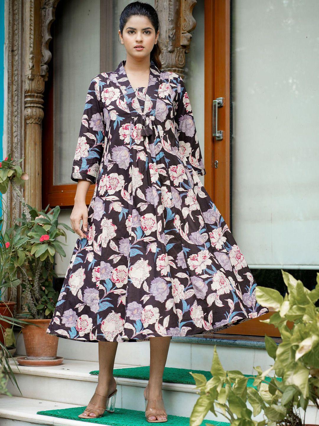 kaajh floral printed pleated cotton a-line dress