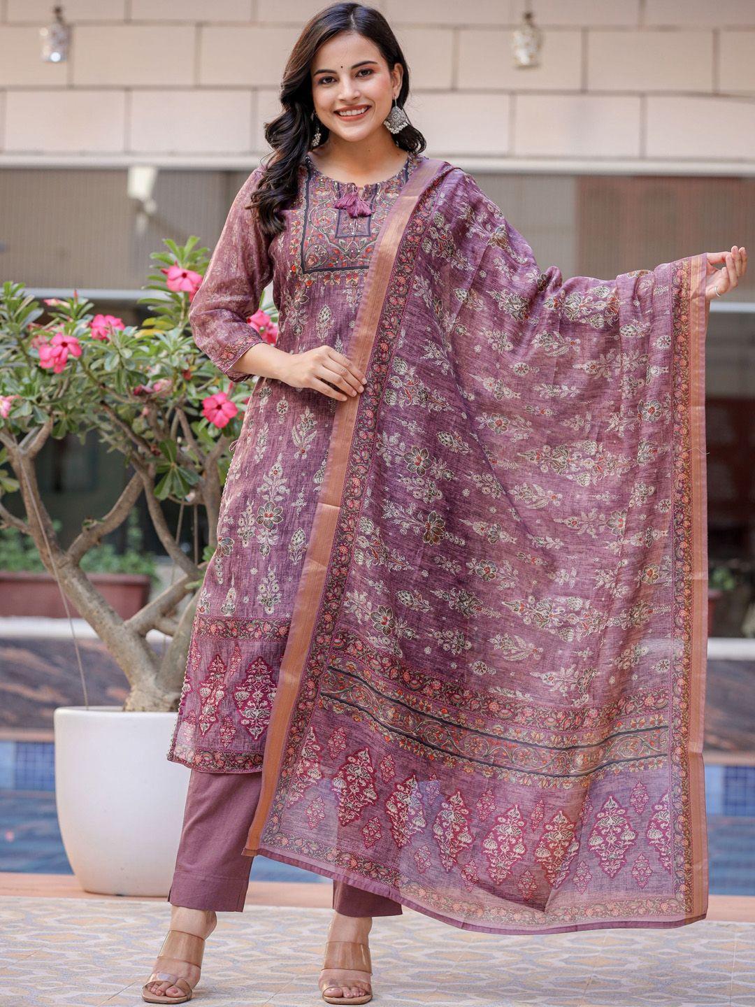 kaajh floral printed regular sequinned chanderi silk kurta & trousers with dupatta