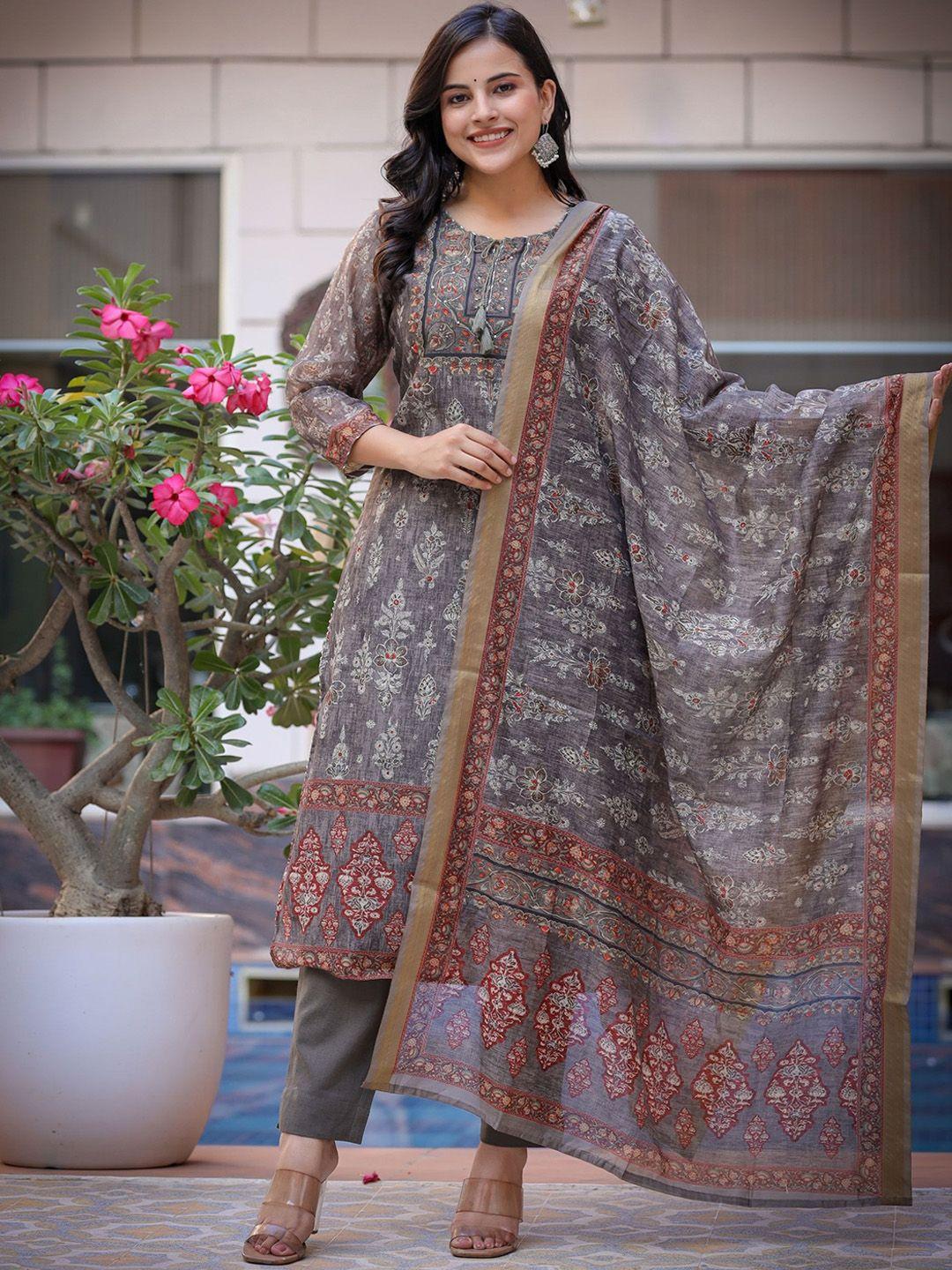 kaajh floral printed regular sequinned chanderi silk kurta & trousers with dupatta
