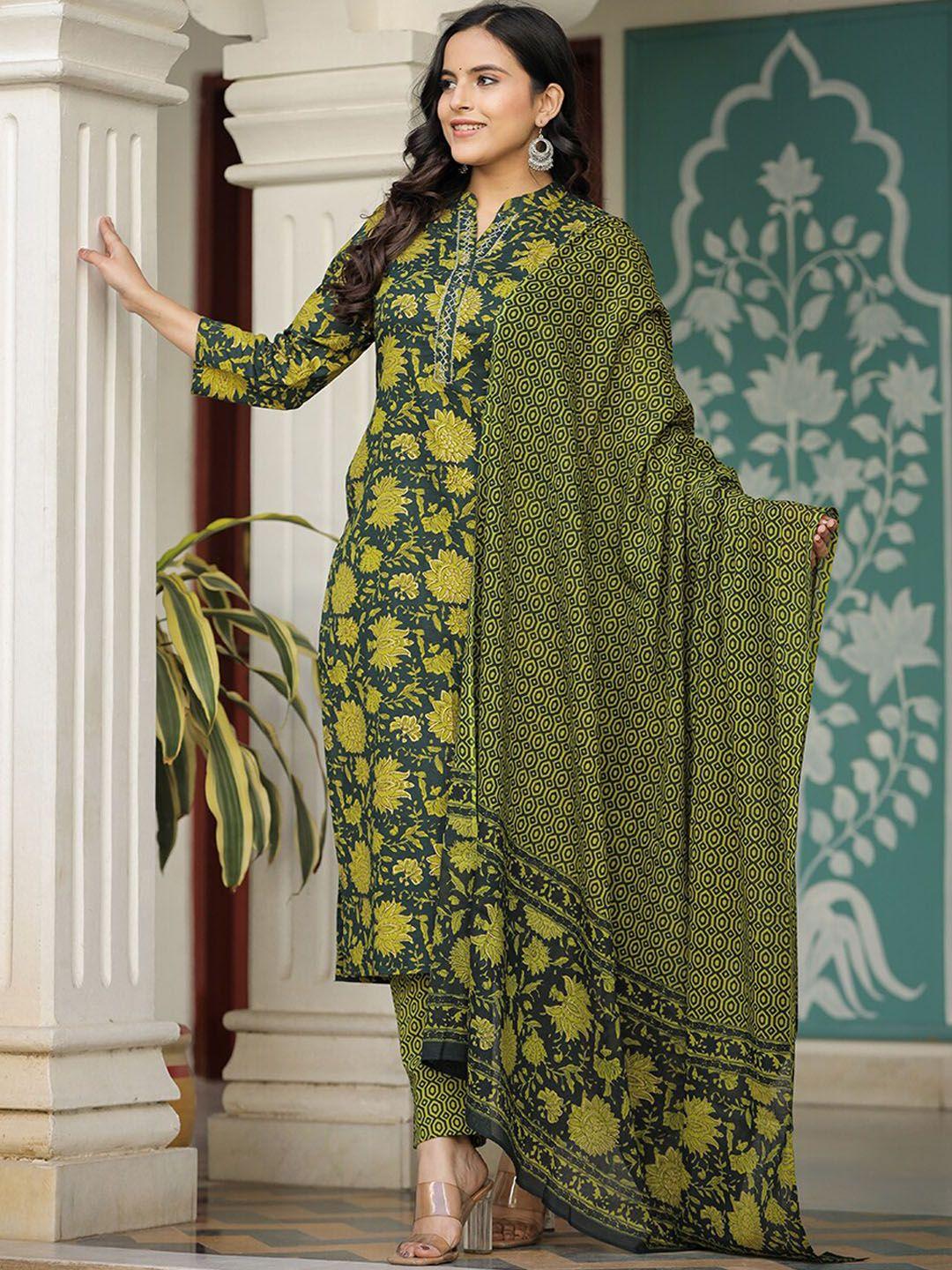 kaajh floral printed thread work pure cotton kurta with trousers & with dupatta