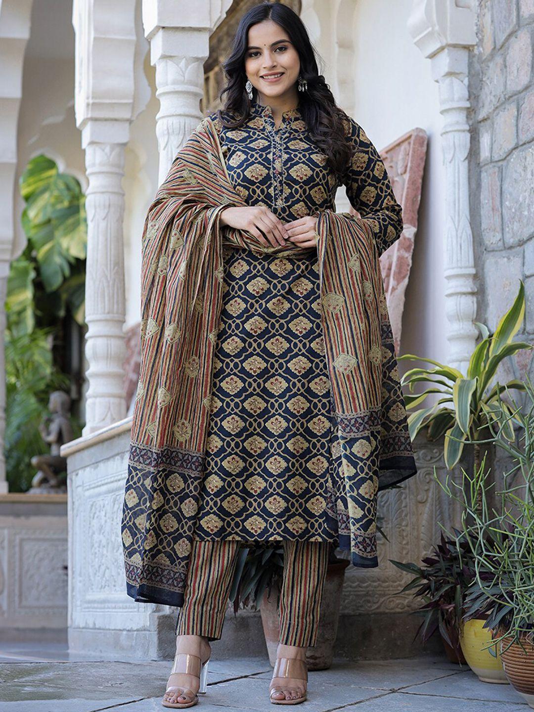 kaajh floral printed thread work pure cotton kurta with trousers & with dupatta