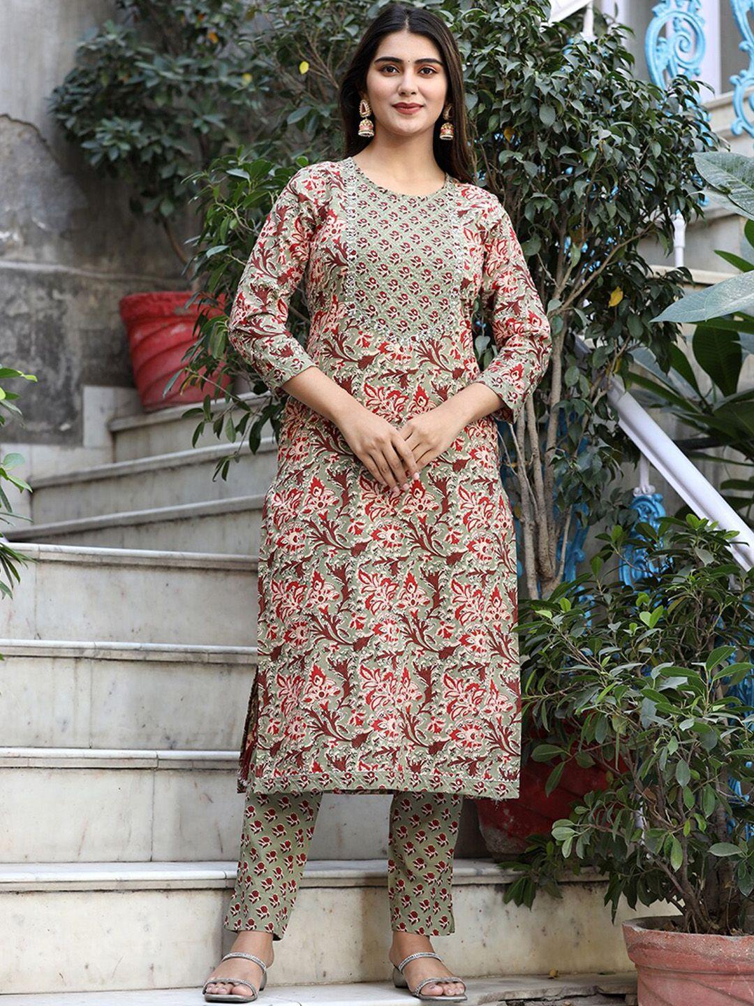 kaajh floral printed thread work pure cotton kurta with trousers