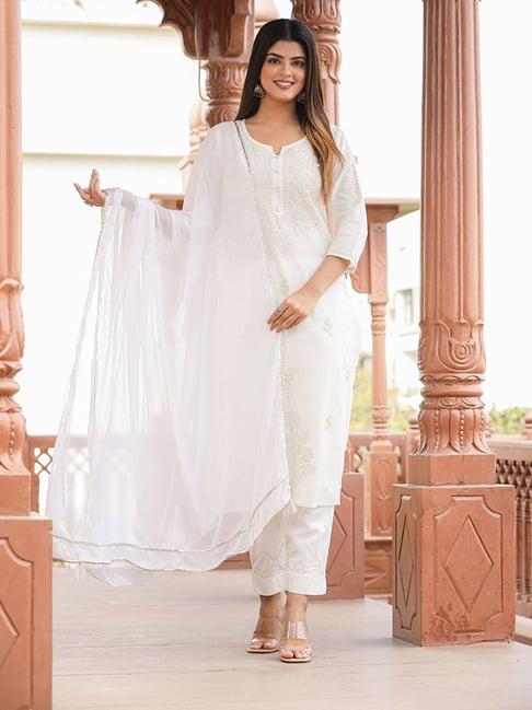 kaajh off white embroidered kurta with pant & dupatta