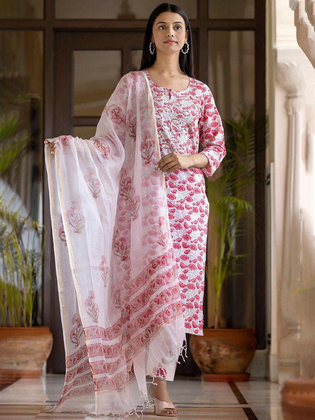 kaajh pink & white floral printed pure cotton handblock kurta with trousers & with dupatta
