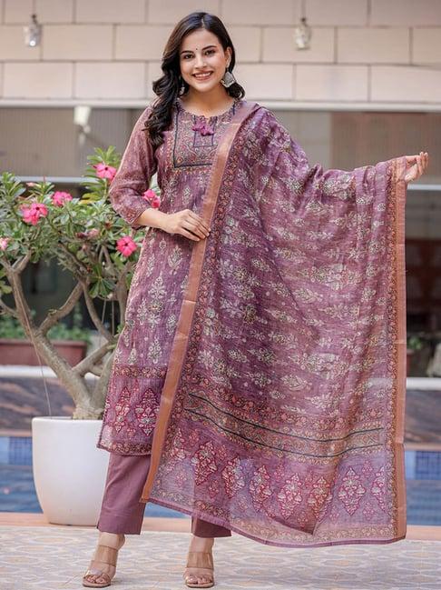 kaajh purple chanderi floral print kurta with pant & dupatta