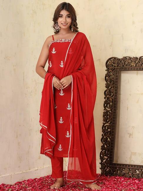 kaajh red embroidered kurta pant set with dupatta