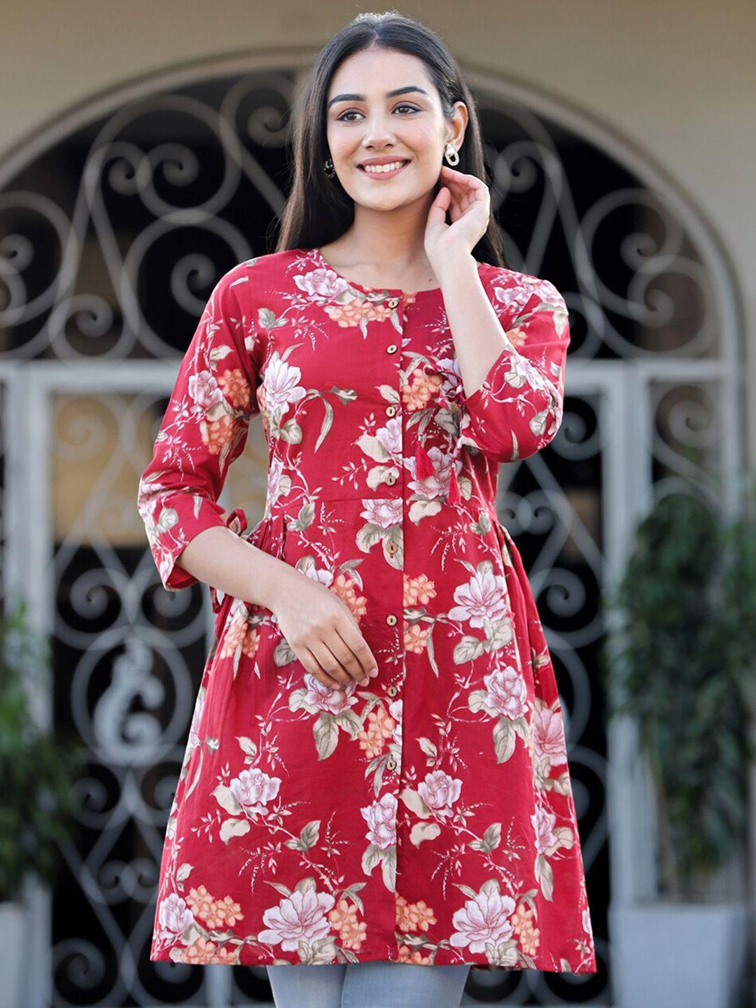 kaajh red floral print ethnic cotton top