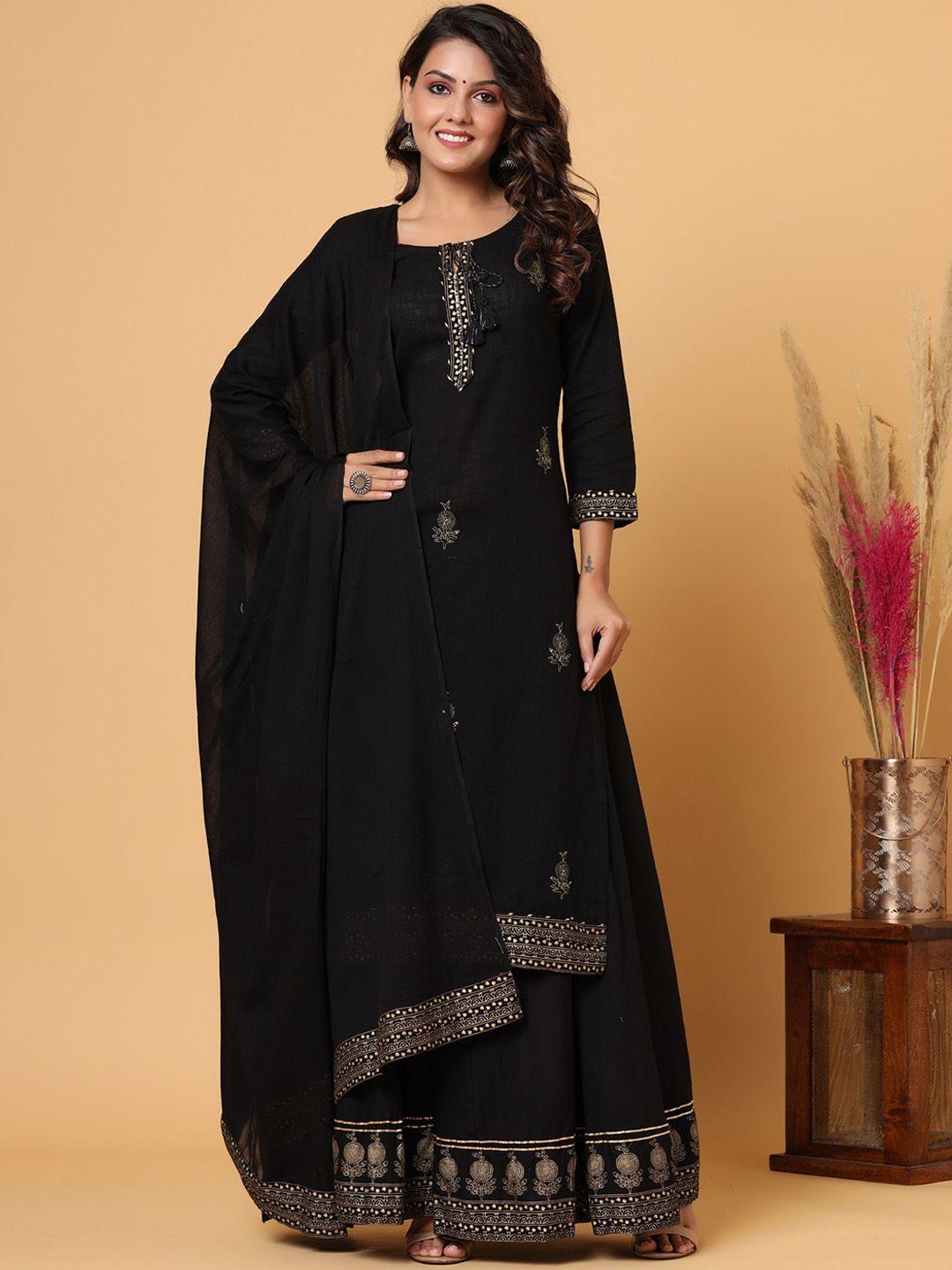 kaajh women black & gold-toned embroidered cotton kurta sharara with dupatta