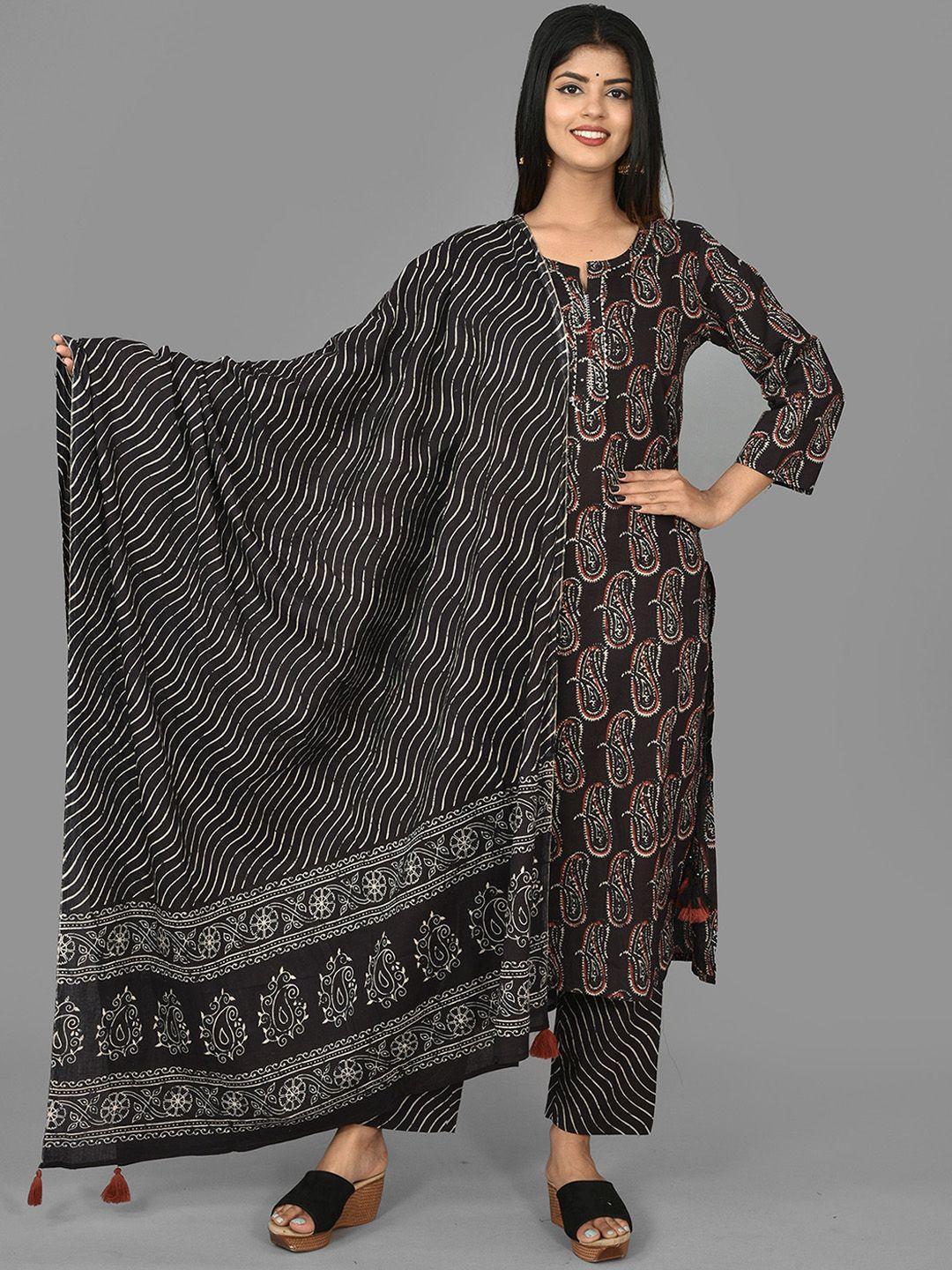 kaajh women black & white paisley screen printed pure cotton kurta with trousers & dupatta