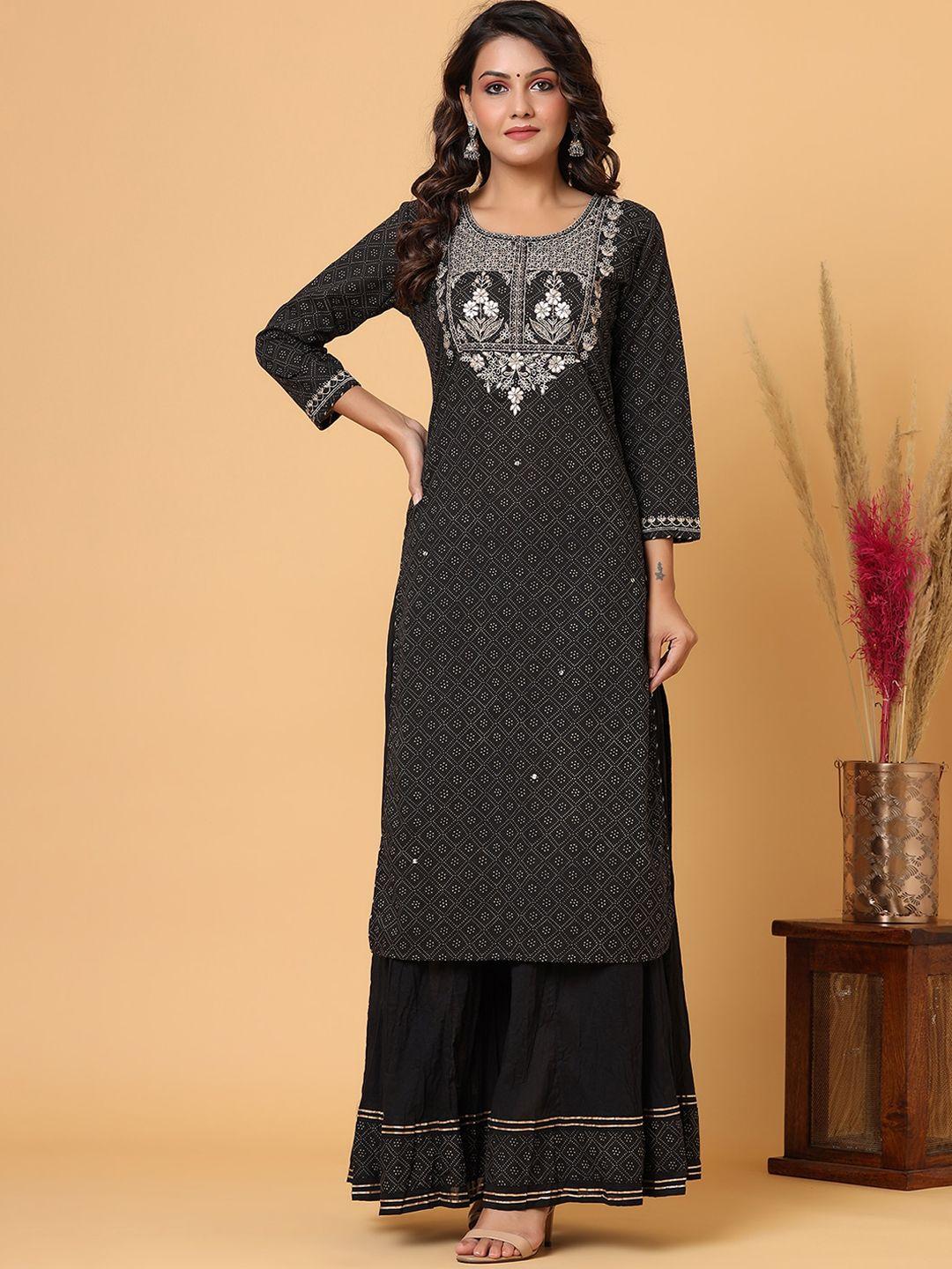 kaajh women black embroidered cotton kurta & sharara