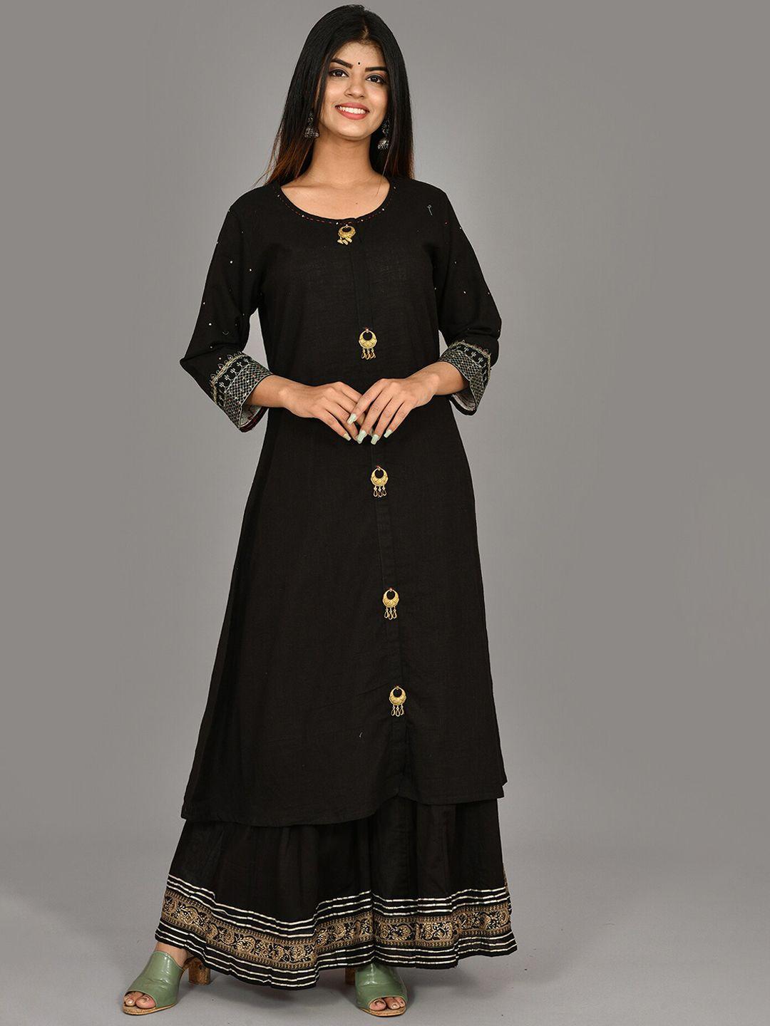 kaajh women black embroidered regular sequinned pure cotton kurta with sharara & dupatta