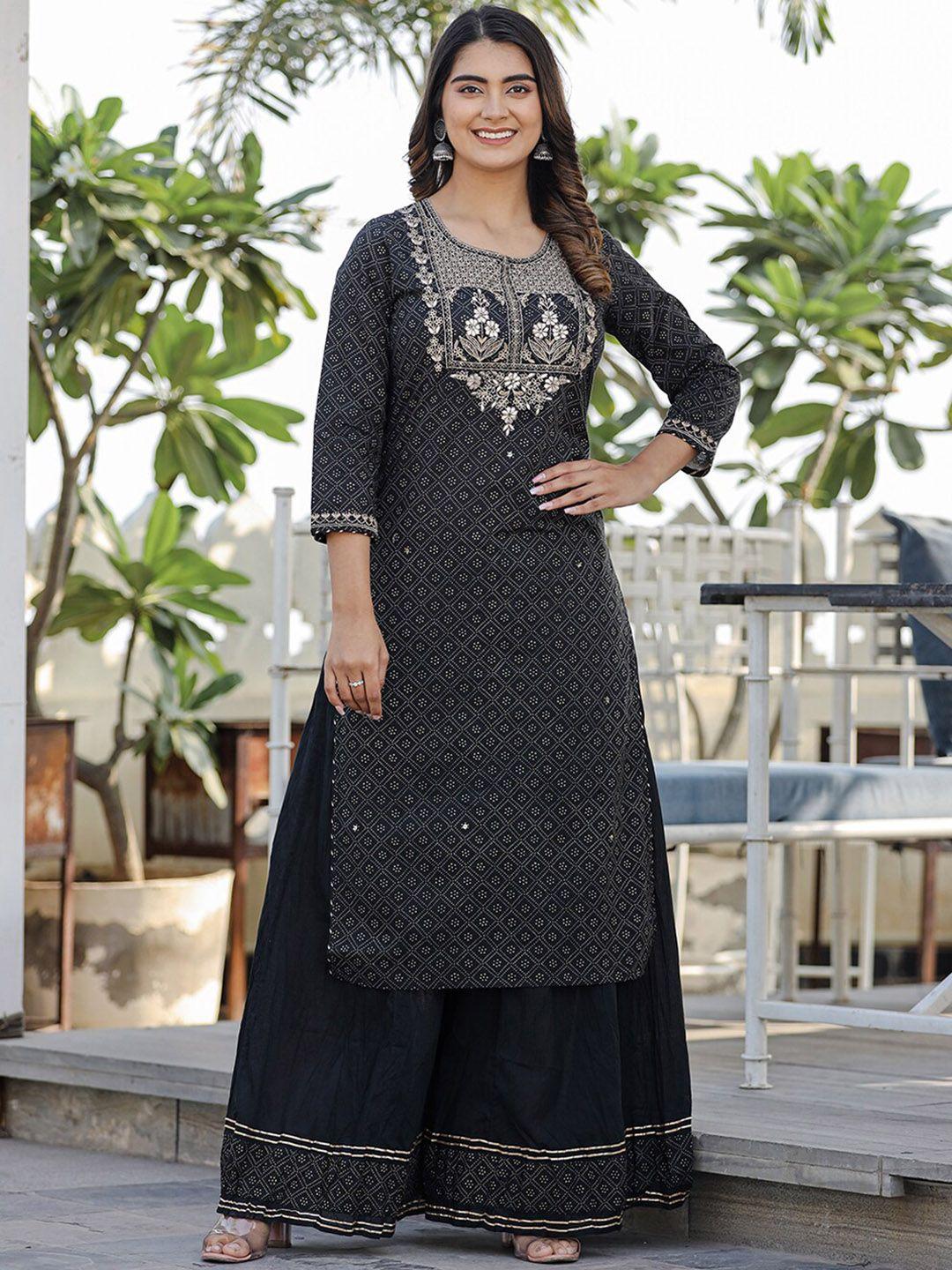 kaajh women black ethnic motifs embroidered regular mirror work pure cotton kurta with palazzos