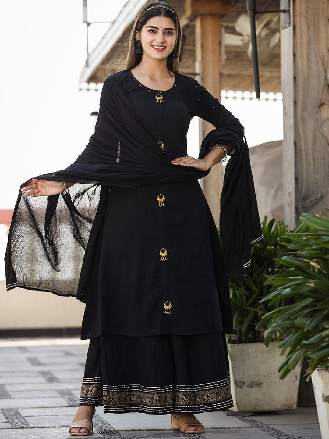 kaajh women black sequinned pure cotton kurta with palazzos & with dupatta