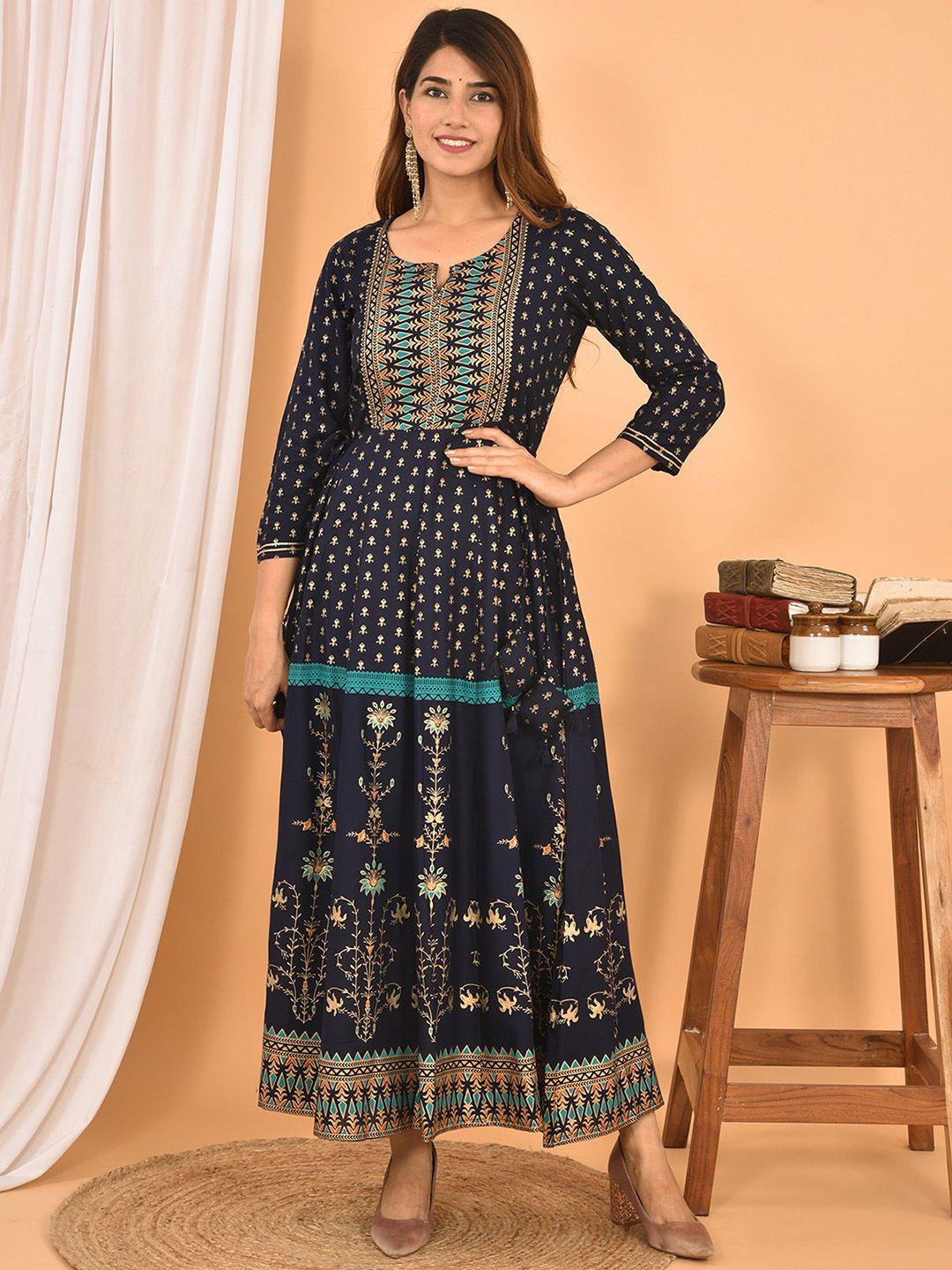 kaajh women blue & gold-toned printed pure cotton maxi ethnic dresses