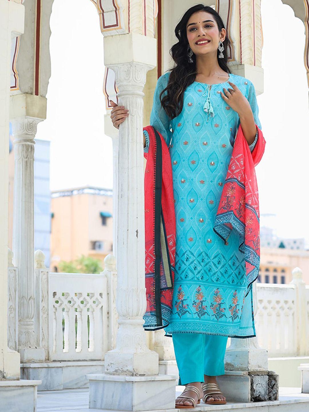 kaajh women blue ethnic motifs printed chanderi silk kurta with trousers & with dupatta