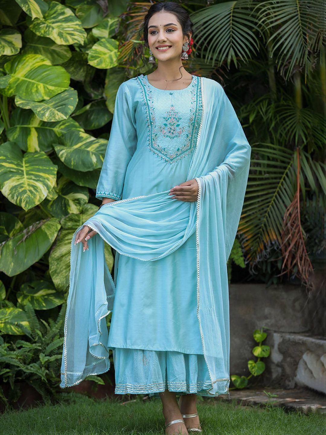 kaajh women blue ethnic motifs printed pleated pure silk kurta with palazzos & with dupatta