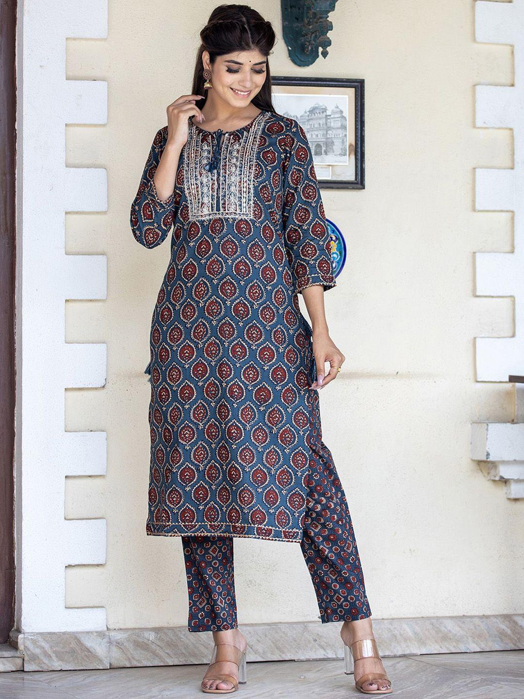 kaajh women blue ethnic motifs pure cotton kurta with trousers