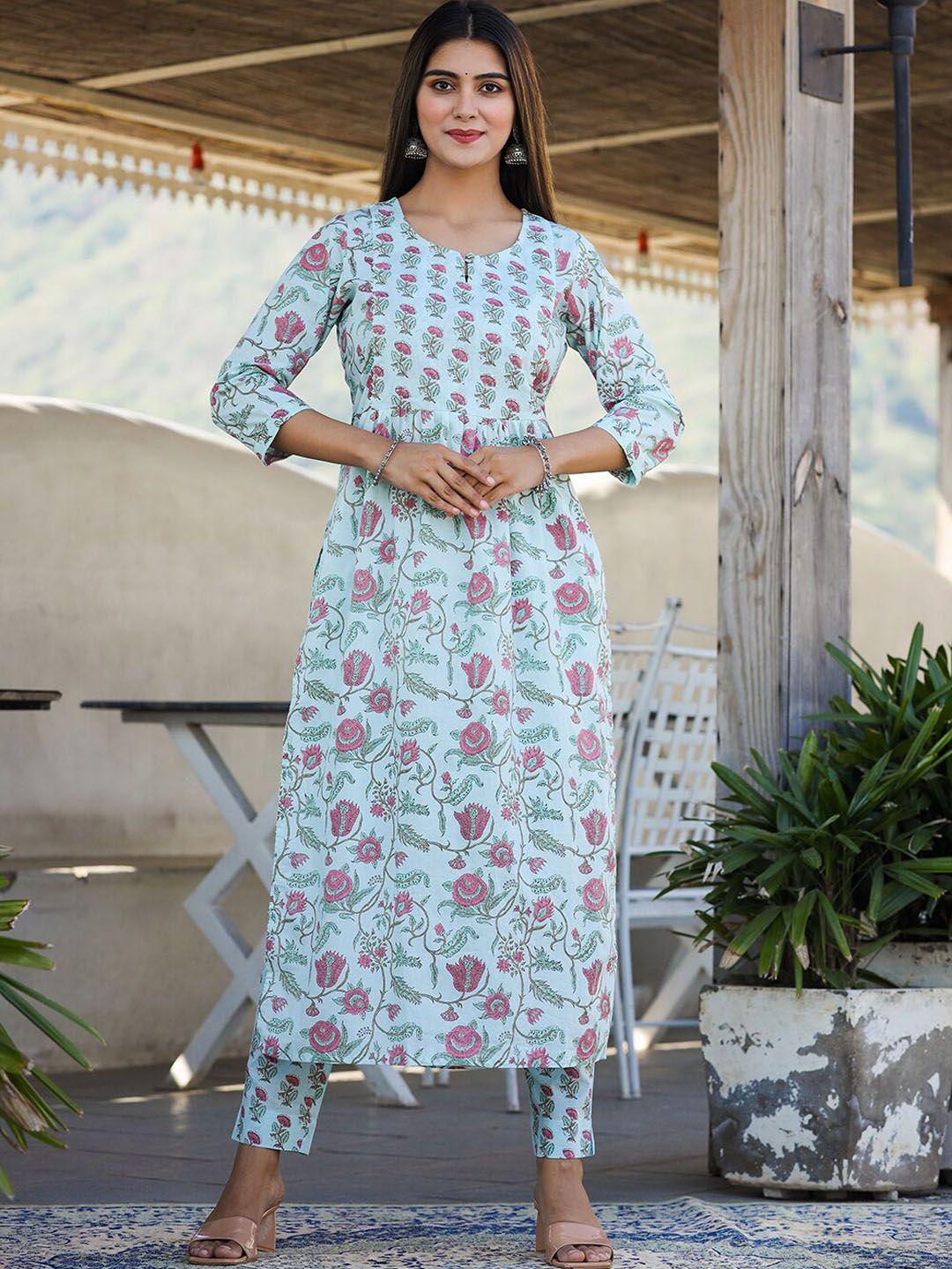 kaajh women blue floral printed pleated pure cotton kurta with trouser set