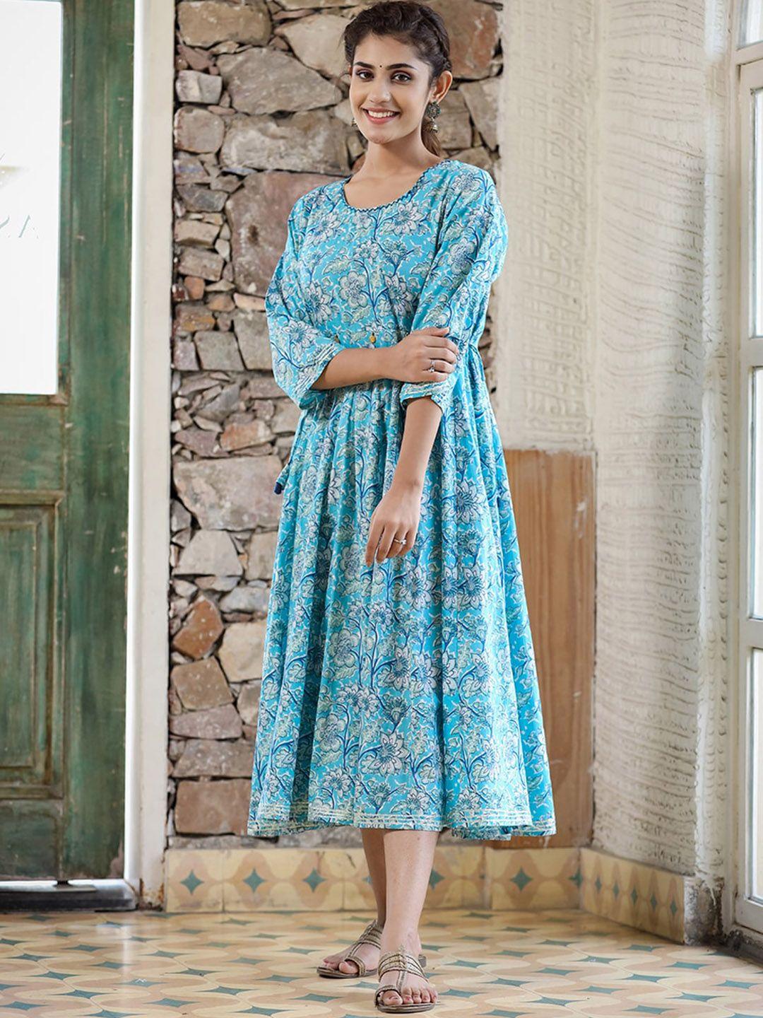 kaajh women blue floral printed pure cotton ethnic dresses