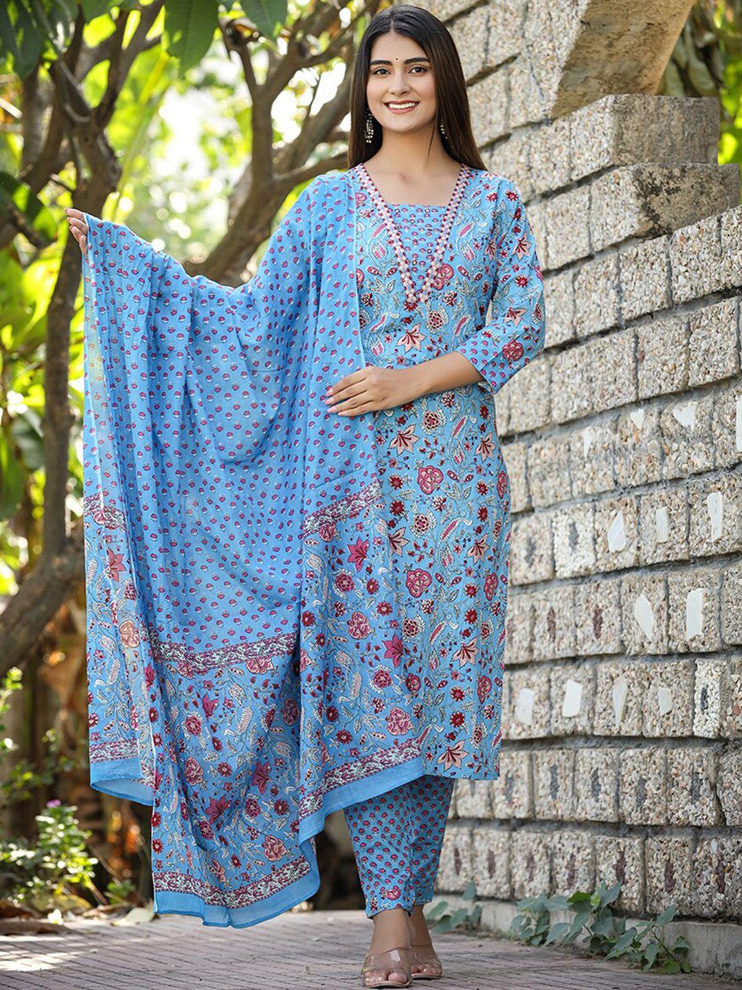 kaajh women blue floral printed regular mirror work pure cotton kurta with trousers & with dupatta