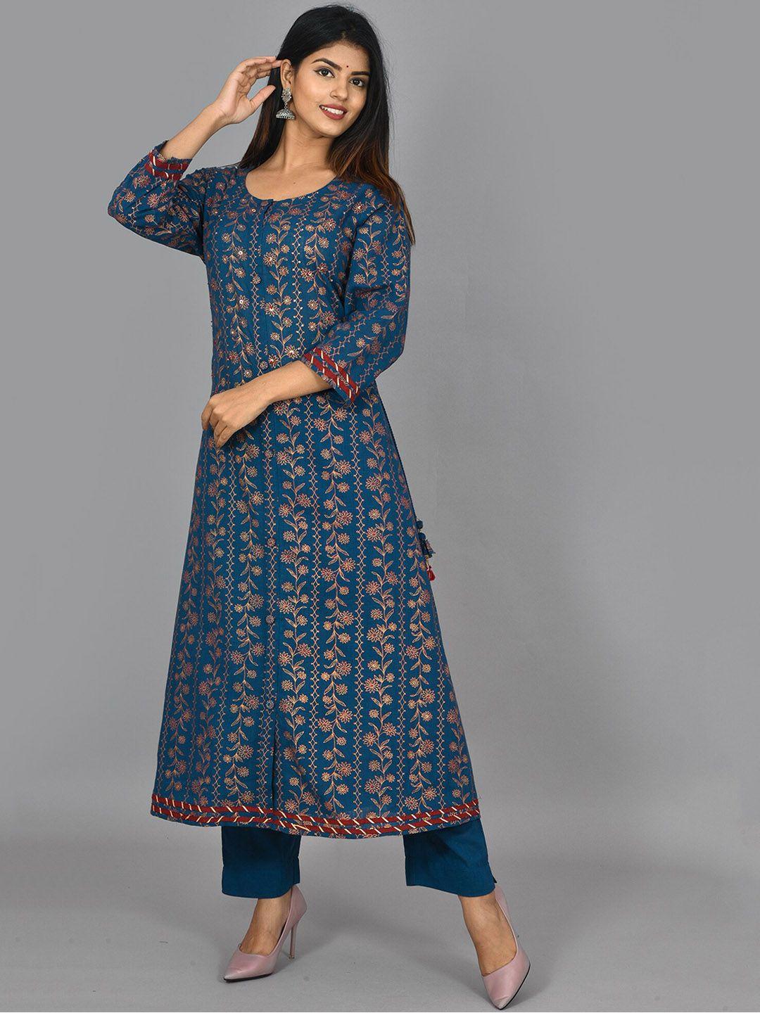 kaajh women blue floral printed sequinned pure cotton kurta with palazzos