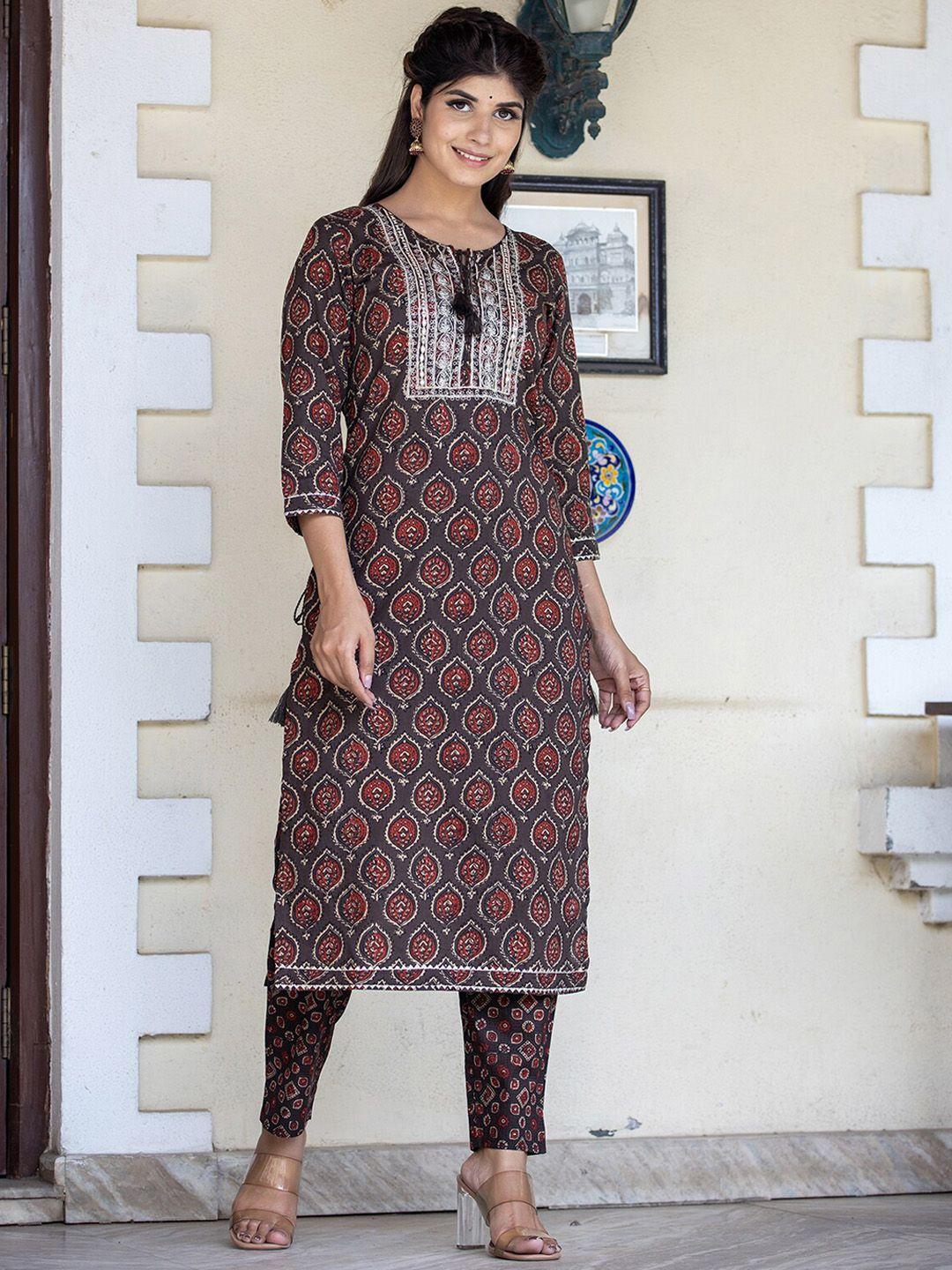 kaajh women brown ethnic motifs printed thread work pure cotton kurta with trousers