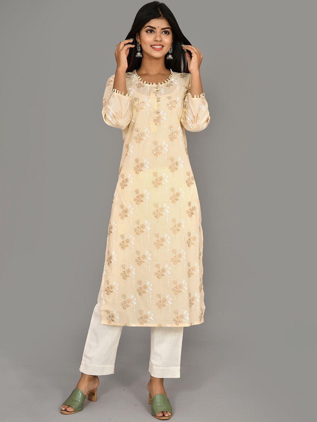kaajh women cream-coloured floral printed pure cotton kurta trousers set