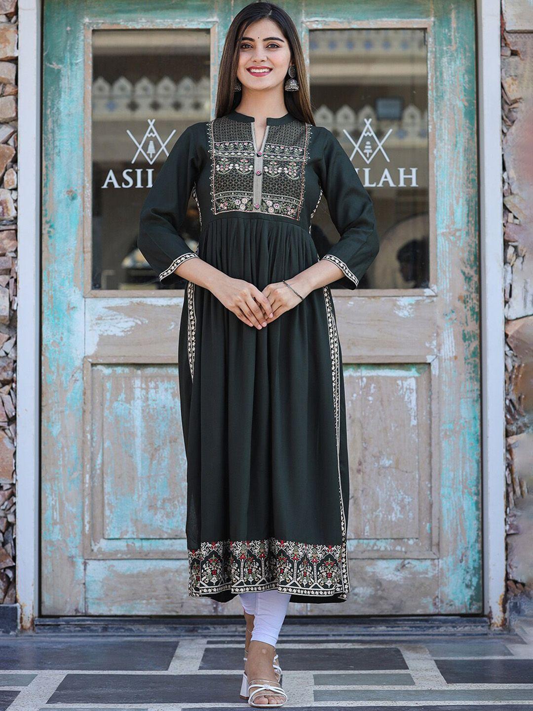 kaajh women dark olive green printed ethnic dresses