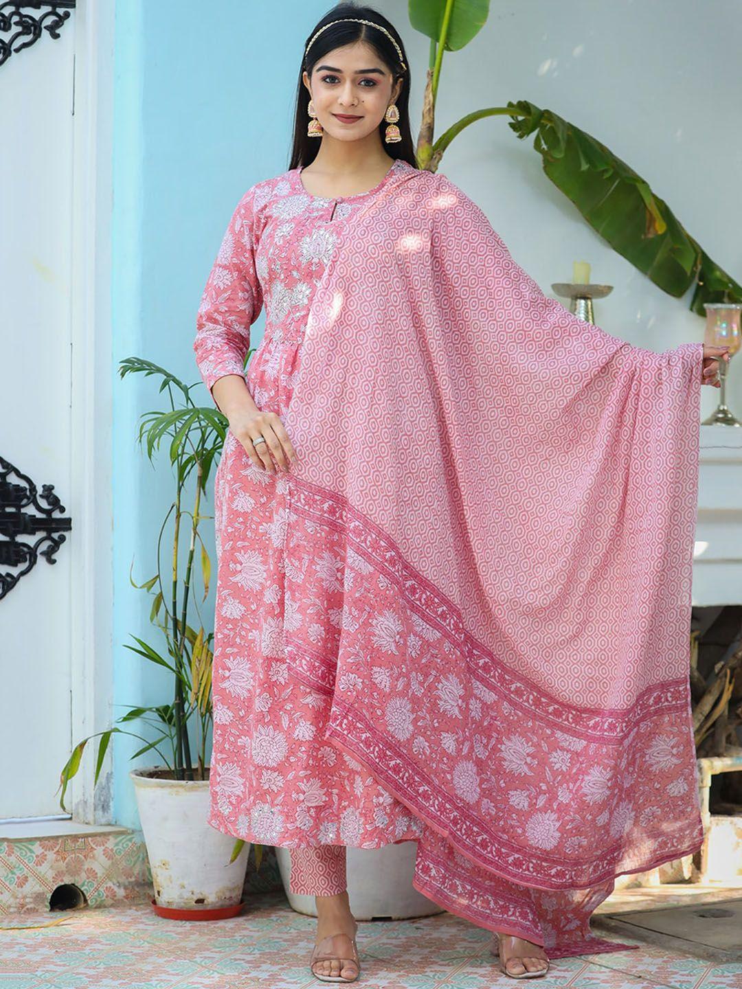 kaajh women floral embroidered pure cotton kurta with trousers & dupatta