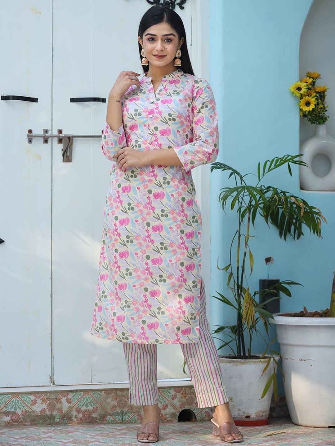 kaajh women floral printed pure cotton kurta with trousers