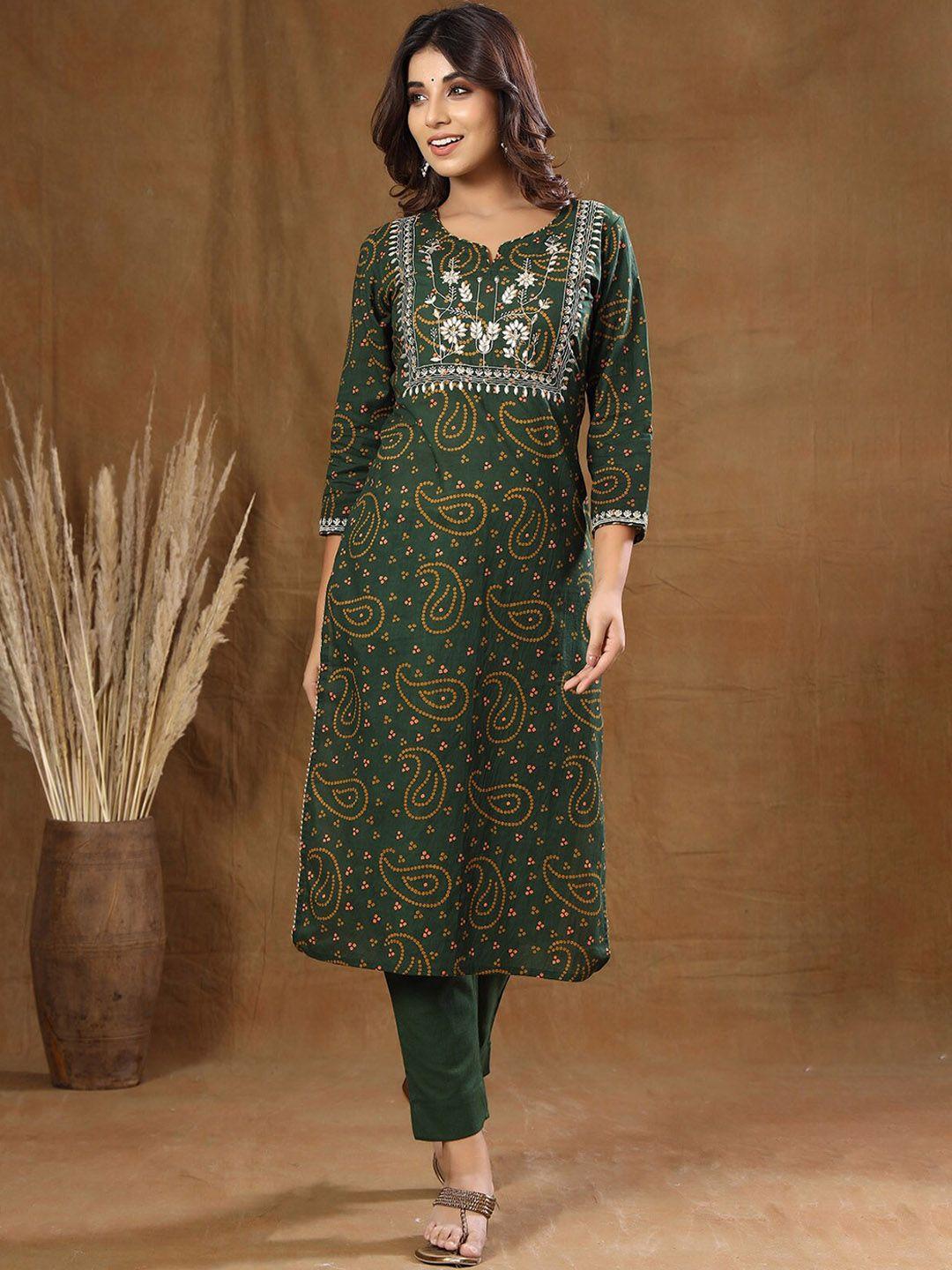 kaajh women green bandhani printed empire gotta patti pure cotton kurta with trousers & with dupatta