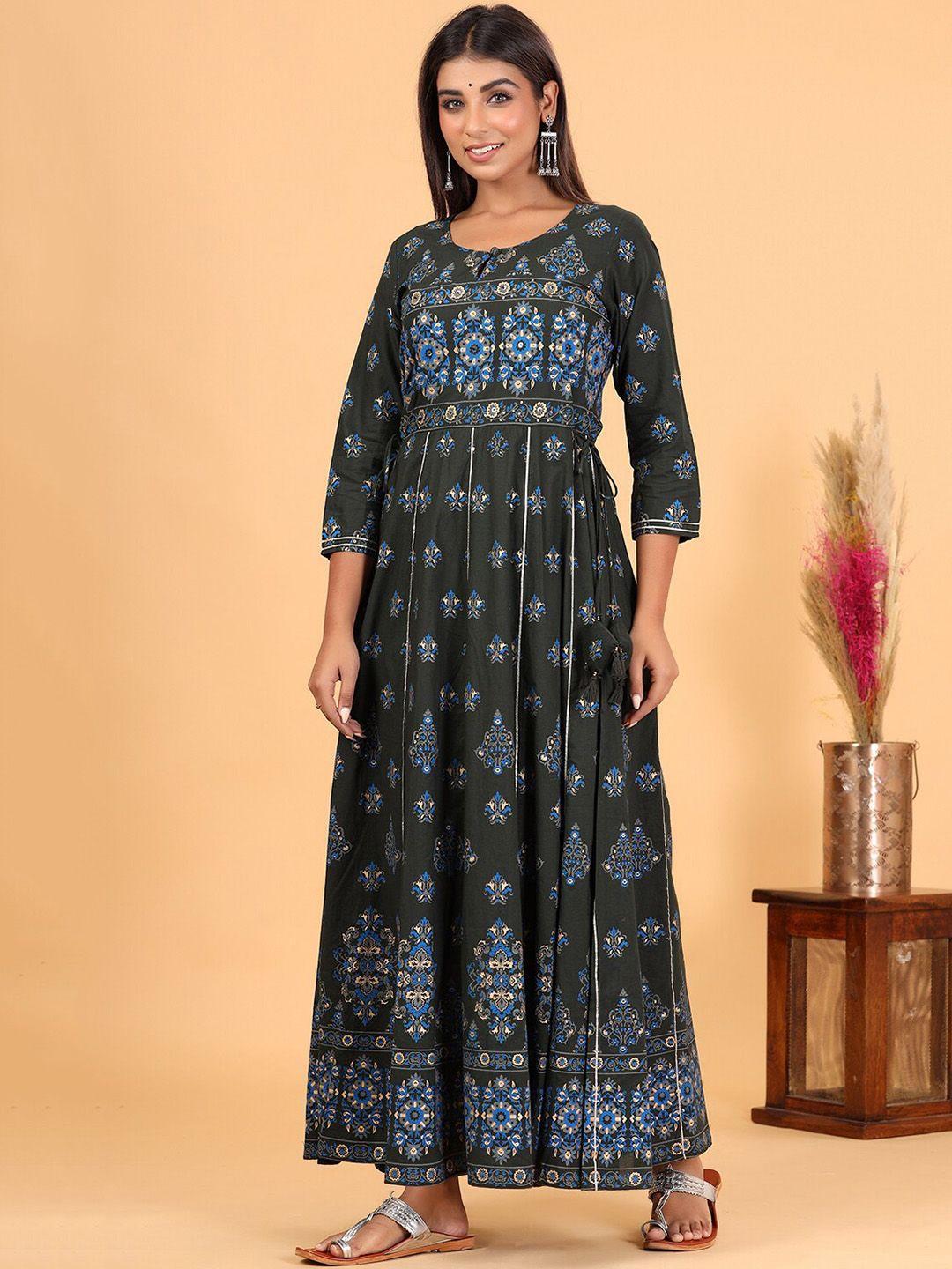 kaajh women green embroidered sequinned cotton ethnic dresses