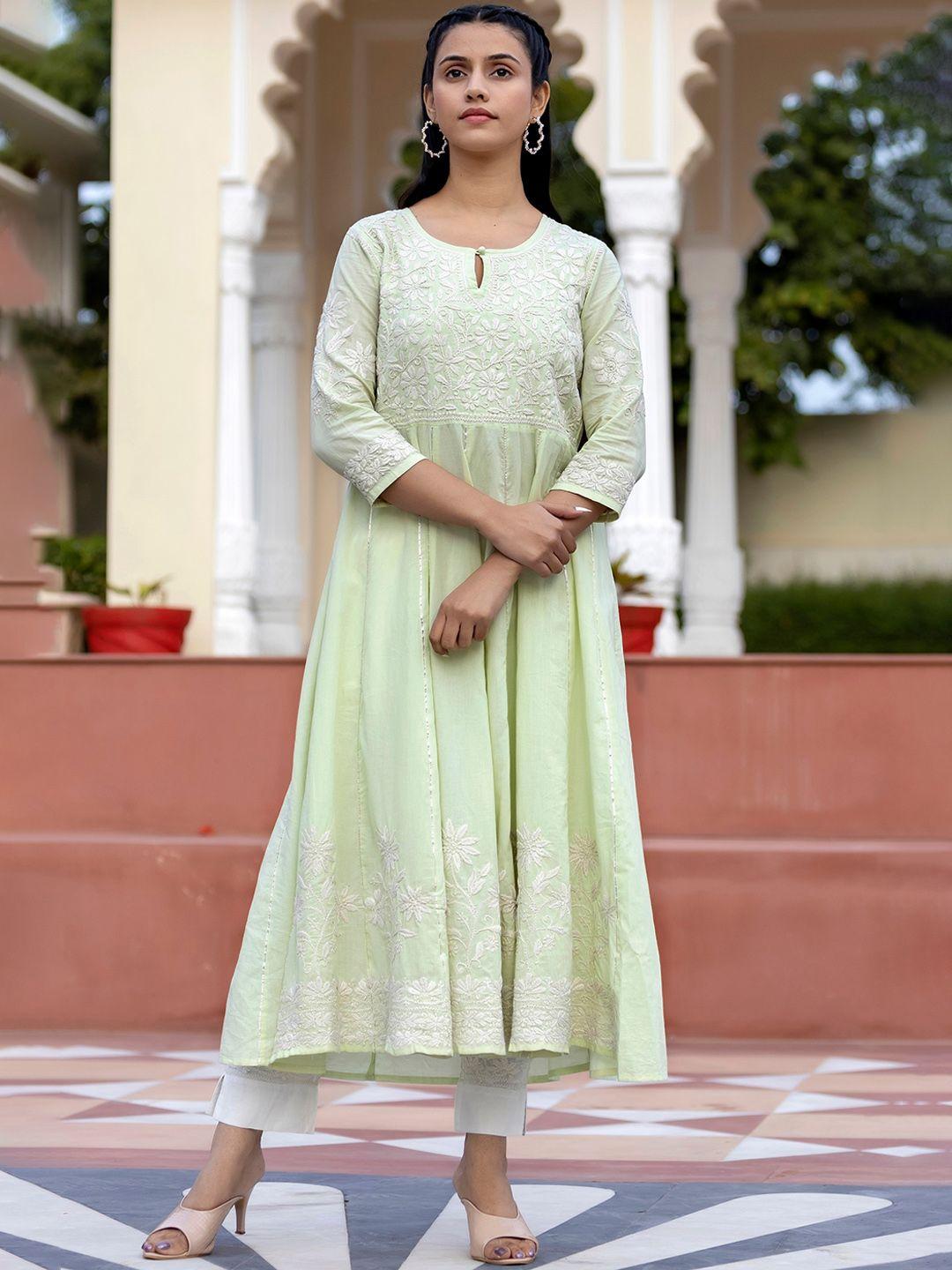 kaajh women green ethnic motifs embroidered chikankari pure cotton kurta with trousers