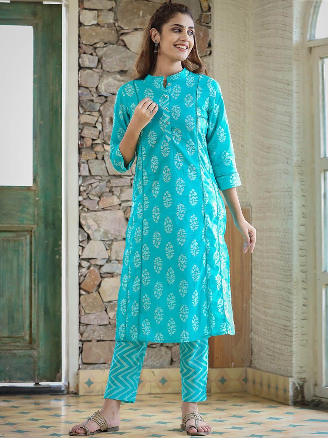 kaajh women green ethnic motifs printed pure cotton kurta with trouser