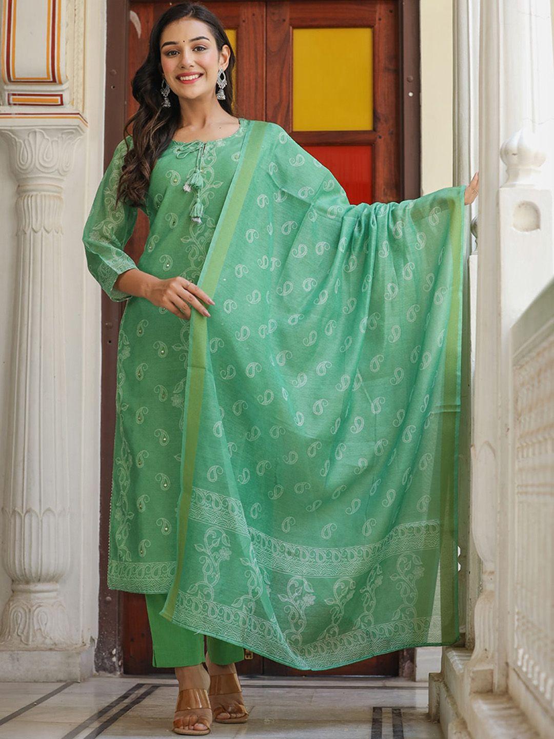 kaajh women green ethnic motifs printed sequinned chanderi silk kurta with trousers & with dupatta