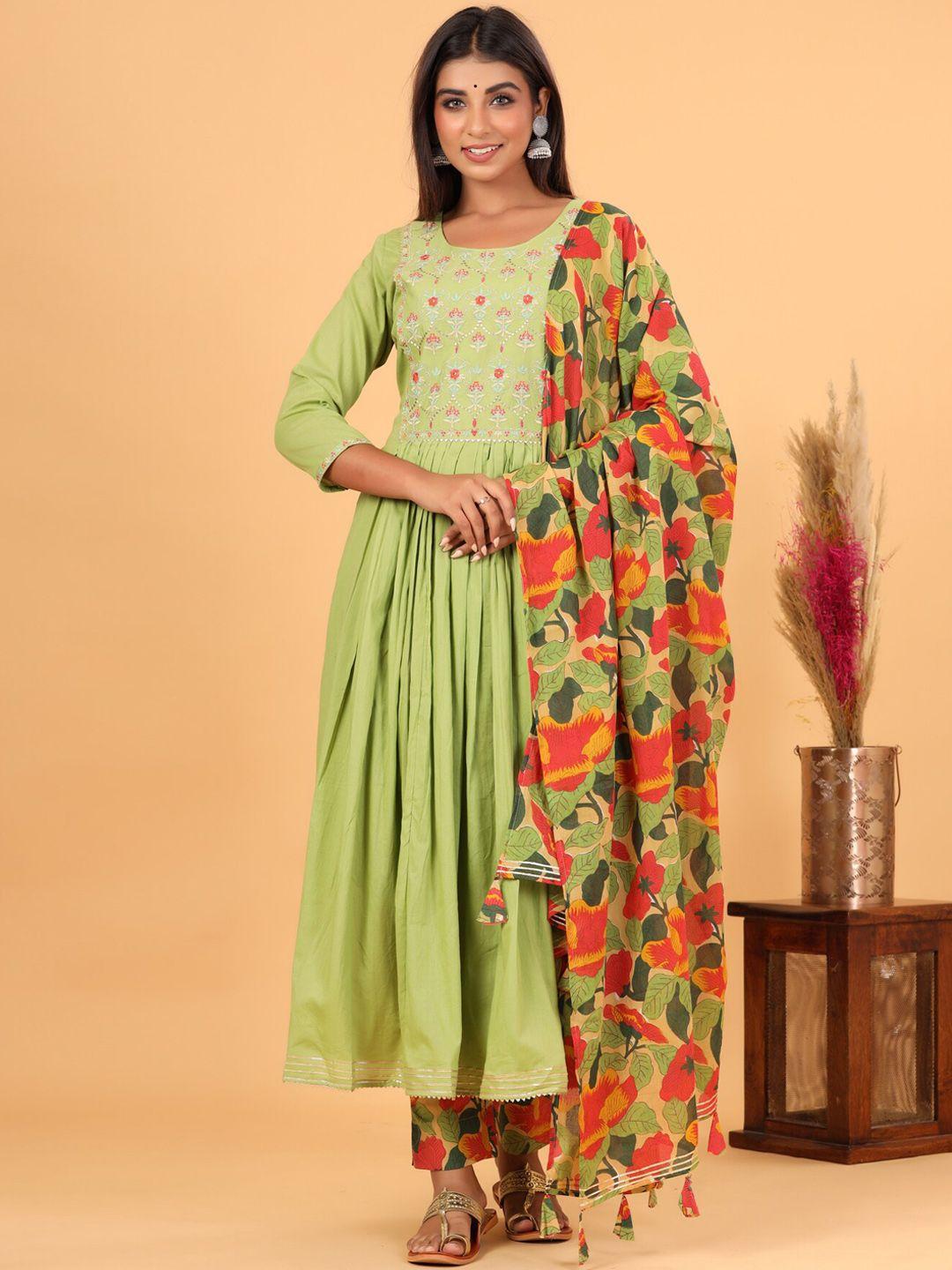 kaajh women green floral embroidered empire pure cotton kurta with trousers & with dupatta