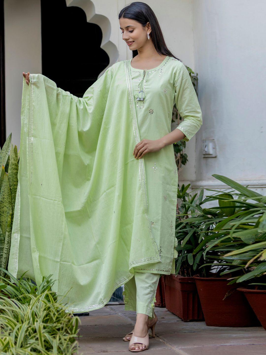 kaajh women green floral embroidered mirror work pure cotton kurta with trousers & dupatta
