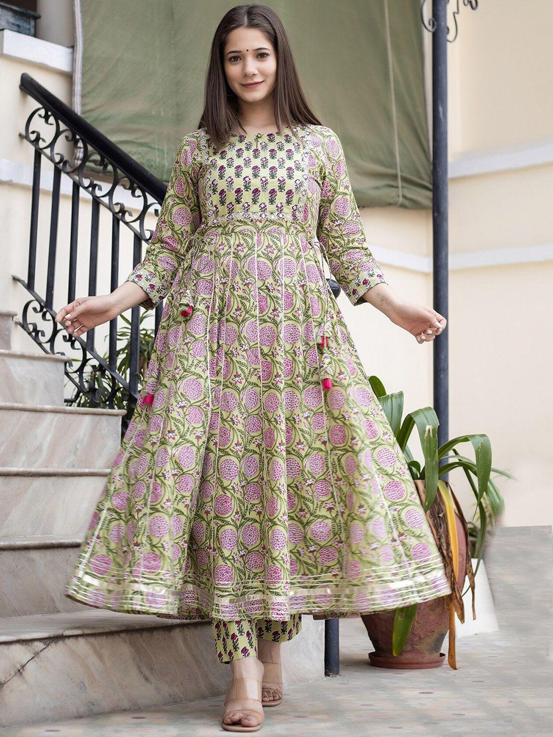 kaajh women green floral printed pure cotton kurta with trousers