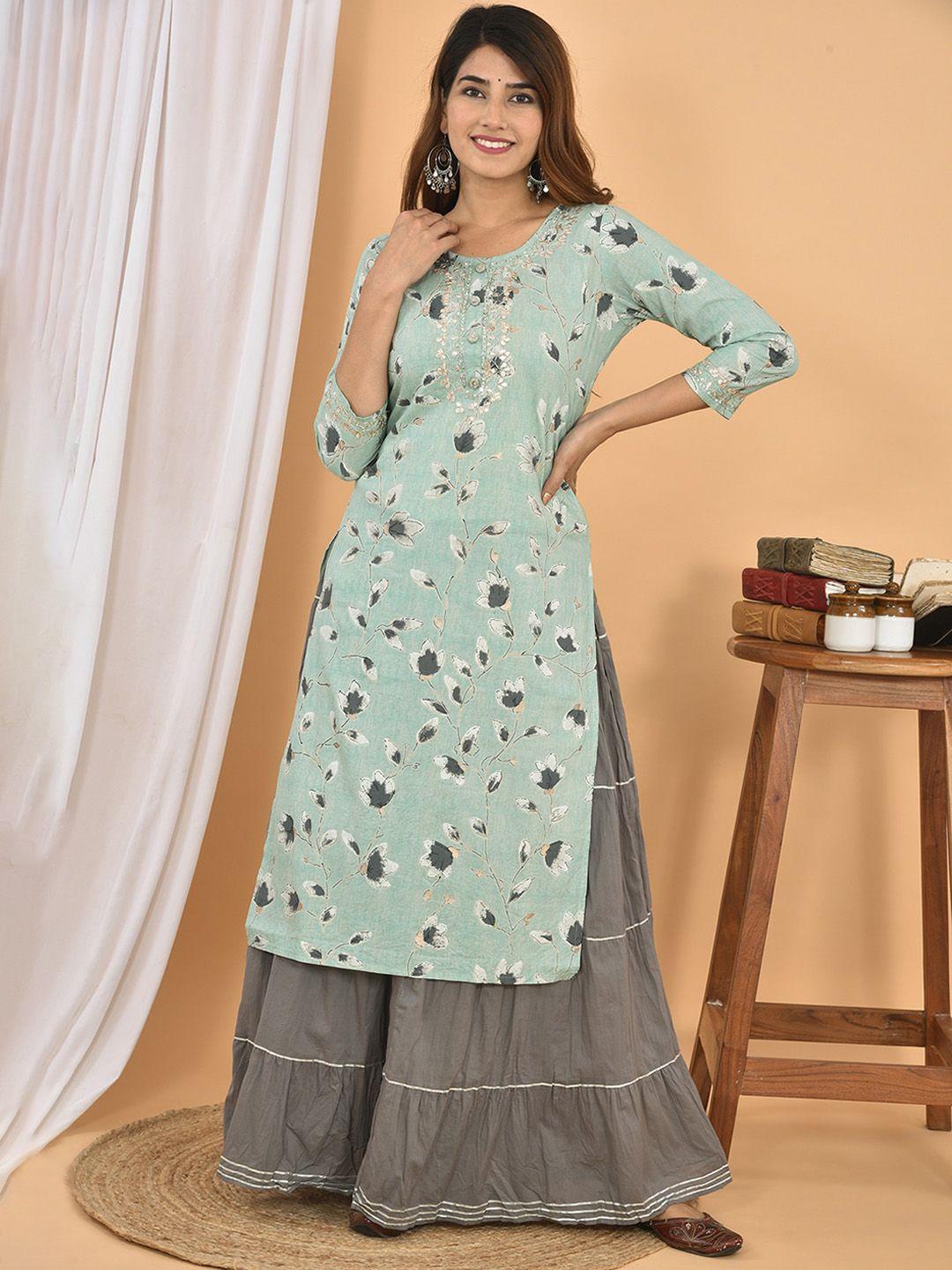 kaajh women grey floral printed sequinned pure cotton kurta with sharara