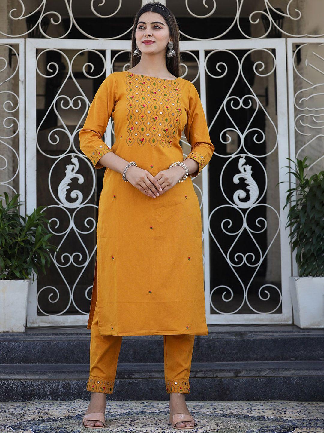 kaajh women mustard yellow floral embroidered mirror work pure cotton kurta with trousers
