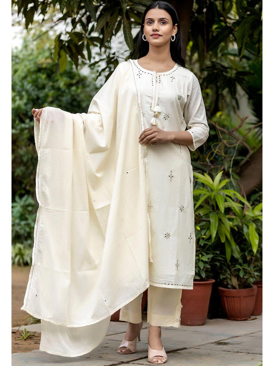 kaajh women off white embroidered straight pure cotton kurta with palazzos & dupatta