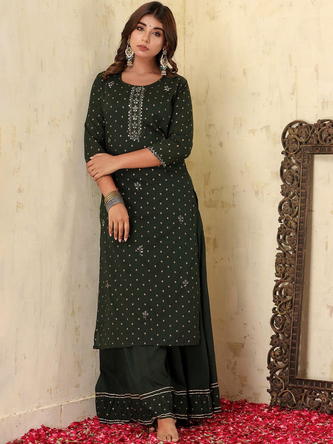 kaajh women olive green paisley printed mirror work pure cotton kurta with sharara & with dupatta