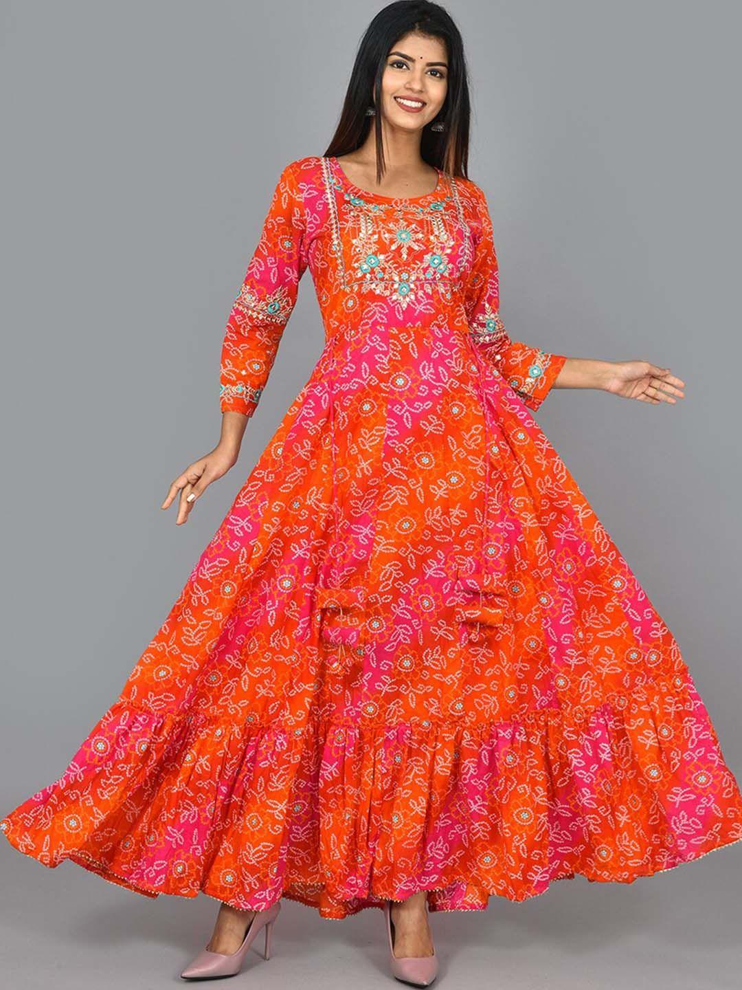 kaajh women orange printed fit & flare ankle-length pure cotton ethnic dresses