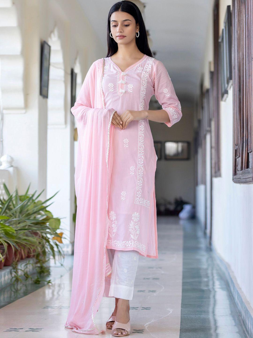 kaajh women peach-coloured floral chikankari pure cotton kurta with trousers & dupatta