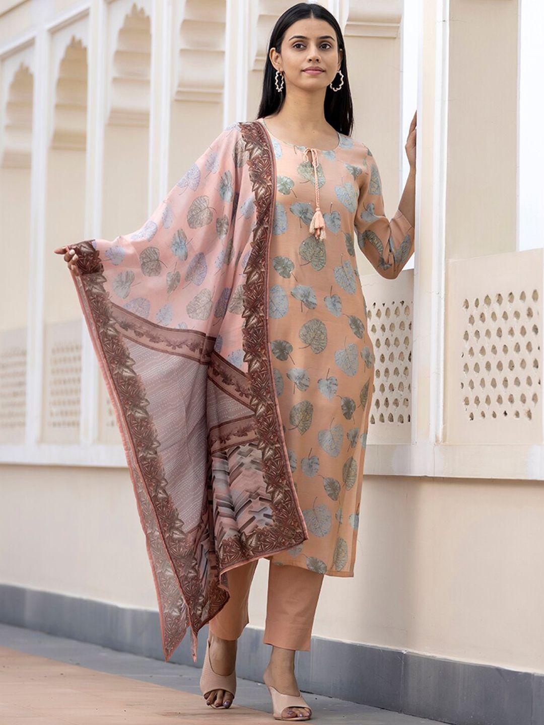 kaajh women peach-coloured floral printed kurta with trouser & dupatta